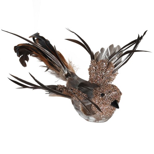 Dekoracija prisegamas paukštis FEATHER BIRD, rudos sp., 23cm