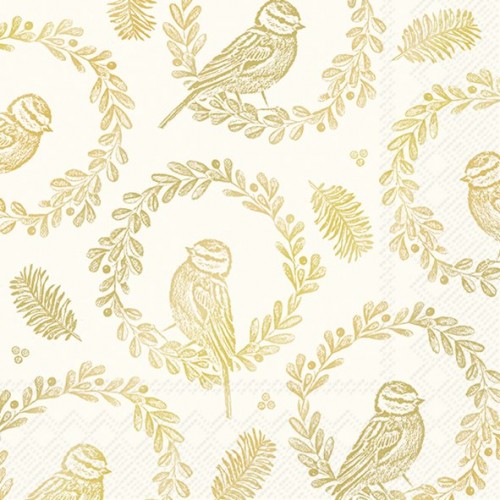 Servetėlės BRIGHT BIRD WREATH, kreminės / auksinės sp., 33 x 33 cm