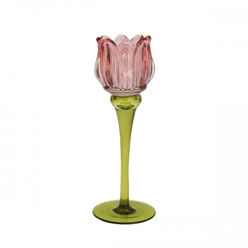 Žvakidė ant kojelės tulpė, rožinės / žalios sp., 21.5 cm