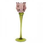 Žvakidė ant kojelės tulpė, rožinės / žalios sp., 26 cm