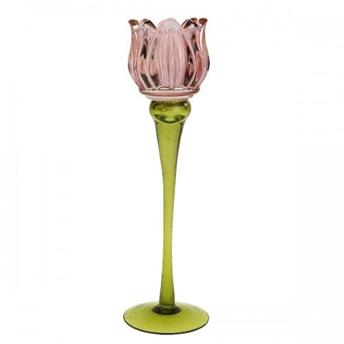 Žvakidė ant kojelės tulpė, rožinės / žalios sp., 26 cm