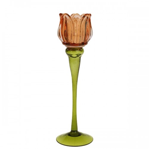 Žvakidė ant kojelės tulpė, oranžinės / žalios sp., 26 cm