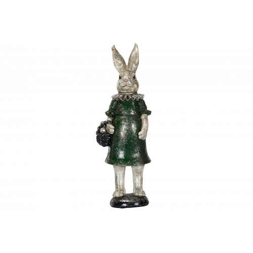 Dekoracija Rabbit with bascket, balta/tamsiai žalia sp., 36 cm