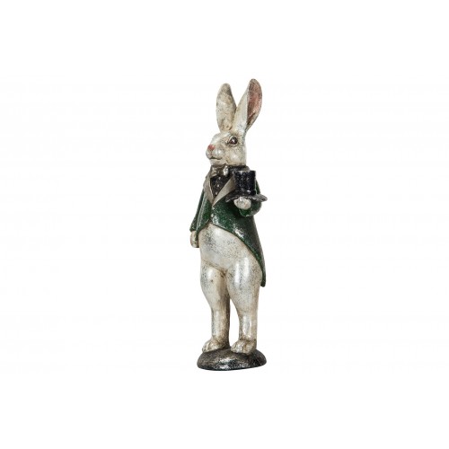 Dekoracija Rabbit with hat, balta/tamsiai žalia sp., 36 cm